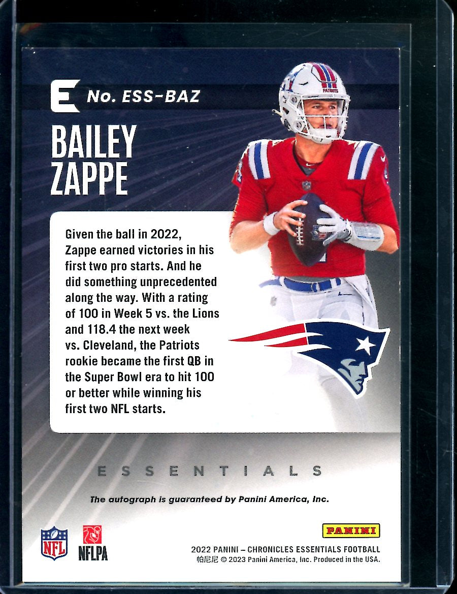 2022 Panini Chronicles Essentials Bailey Zappe Rookie Auto Blue /10 Patriots