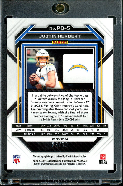 2022 Panini Chronicles Prizm Black Justin Herbert Auto Red /99 Chargers
