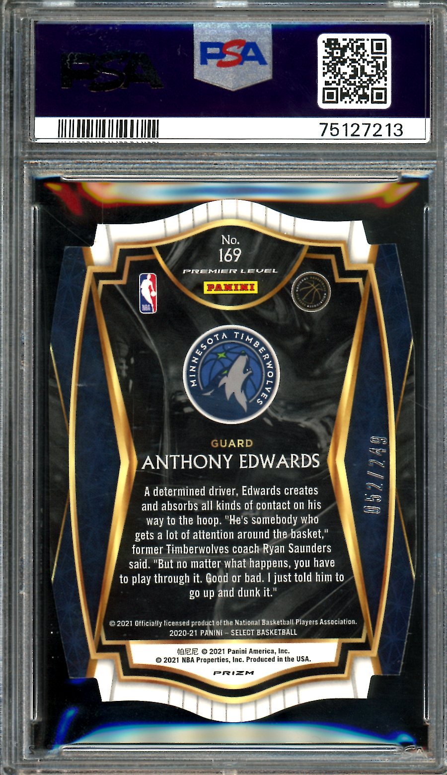 2020/21 Panini Select Anthony Edwards Rookie Blue Die Cut /249 PSA 9 Timberwolves