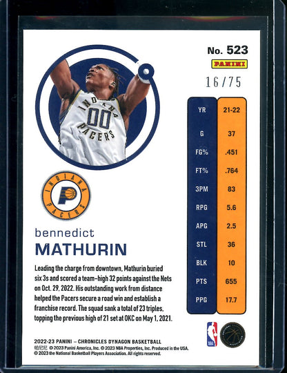 2022-23 Panini Chronicles Bennedict Mathurin Rookie Orange /75 Pacers