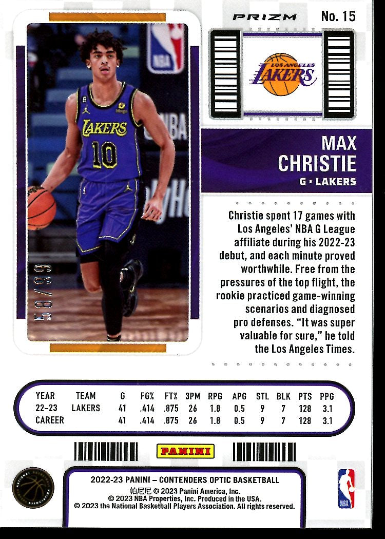 2022-23 Panini Contenders Optic Max Christie Rookie Ticket Blue /99 Lakers