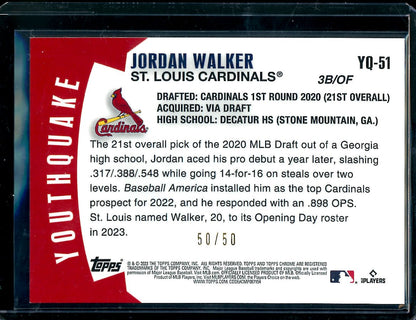 2023 Topps Chrome Jordan Walker Rookie Youthquake Gold /50 Cardinals