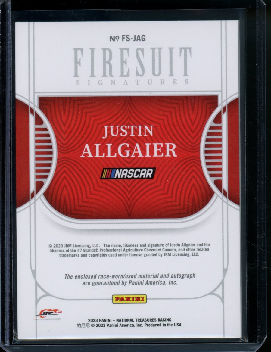 2023 Panini National Treasures Racing Justin Allgaier Firesuit Patch Auto Gold /99 NASCAR