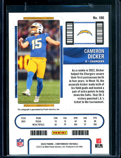 2022 Panini Contenders Cameron Dicker Rookie Showcase Ticket Auto Chargers