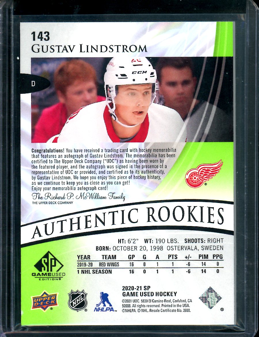 2020/21 SP Game Used Gustav Lindstrom Patch Auto /35 Red Wings