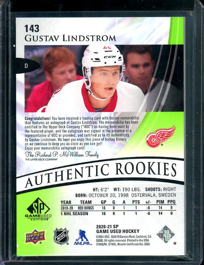 2020/21 SP Game Used Gustav Lindstrom Patch Auto /35 Red Wings