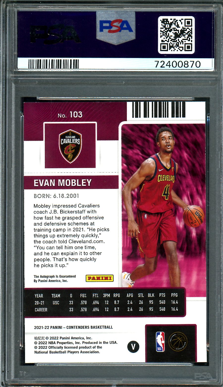 2021/22 Panini Contenders Evan Mobley Rookie Playoff Ticket Auto /99 PSA 9 10 Auto Cavaliers