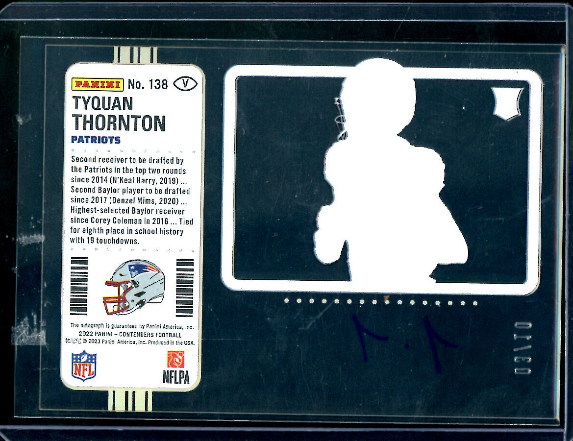 2022 Panini Contenders Tyquan Thornton Rookie Ticket Auto Clear Gold /10 Patriots