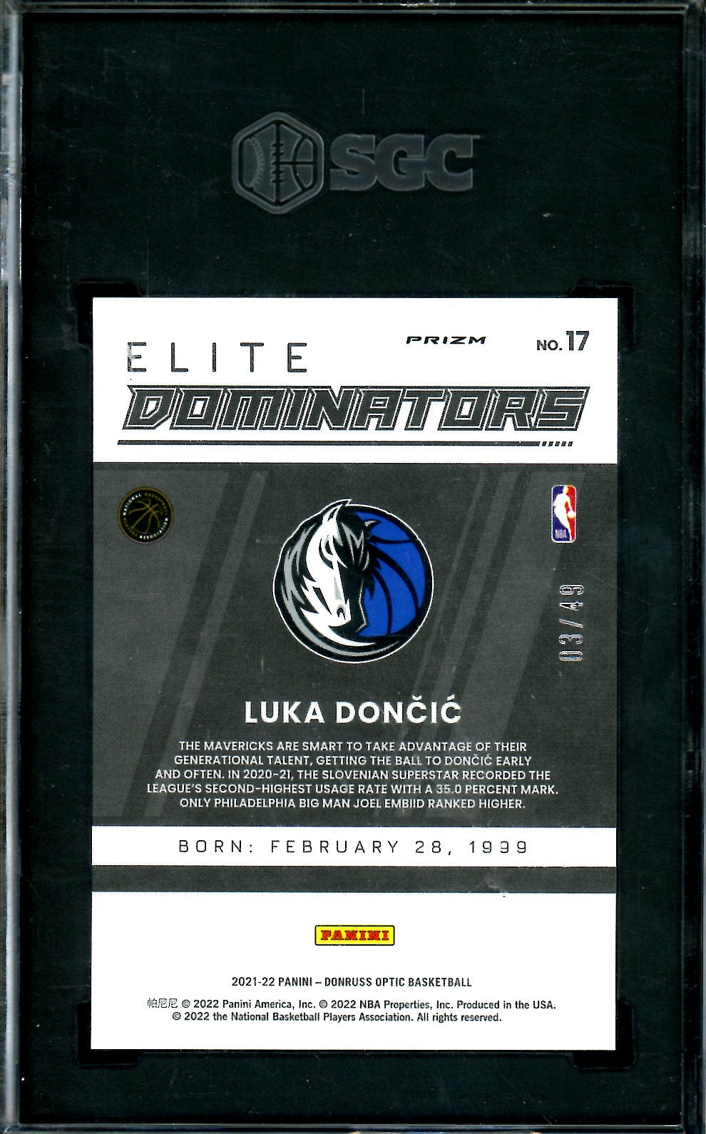2021/22 Panini Optic Luka Doncic Elite Dominators Blue /49 SGC 10 Mavericks