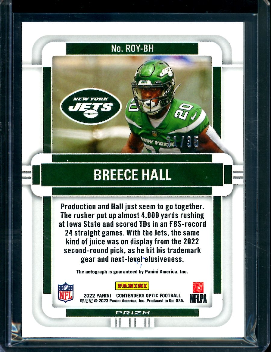 2022 Panini Contenders Optic Breece Hall Rookie of the Year Orange /35 Jets