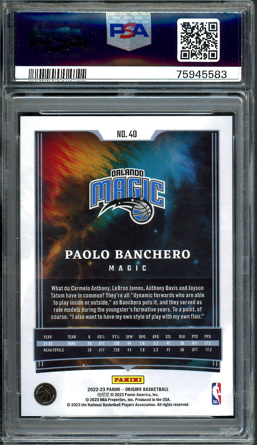 2022/23 Panini Origins Paolo Banchero Rookie Turquoise /25 PSA 9 Magic