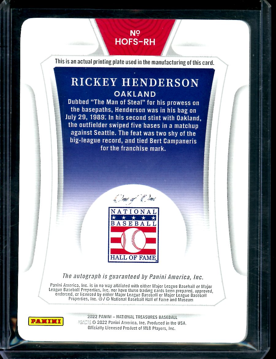 2022 Panini National Treasures Rickey Henderson Hall of Fame Printing Plate Auto 1/1 Athletics